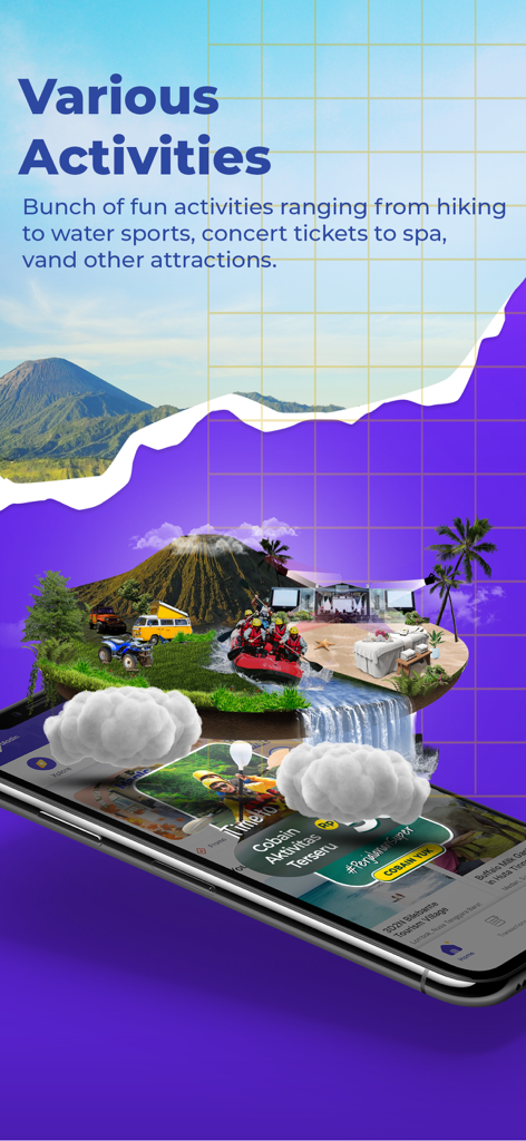 Mister Aladin Hotel & Activity - Schermata dell'app Mister Aladin che mostra diverse attività di viaggio tra cui rafting e trattamenti spa.