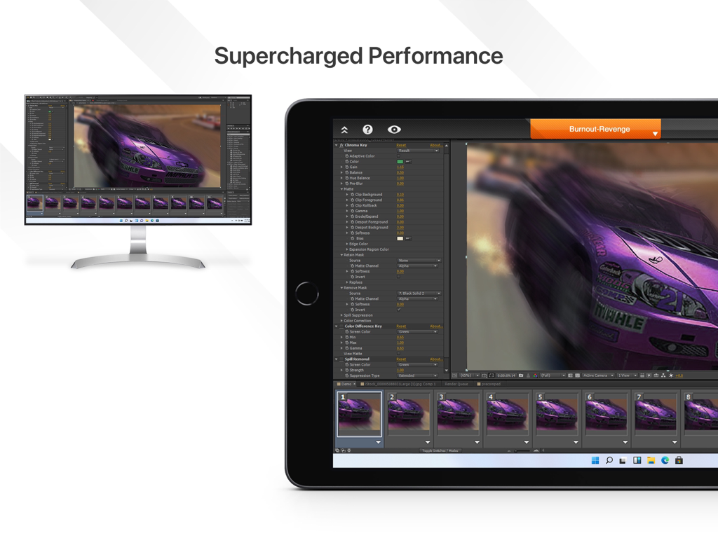 iPad and desktop monitor displaying professional video editing software via Splashtop remote access