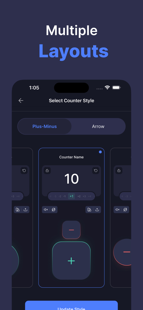 Tally Counter ۬ - A screen in the Tally Counter app showing different layout options including Plus-Minus and Arrow styles for customized counting.