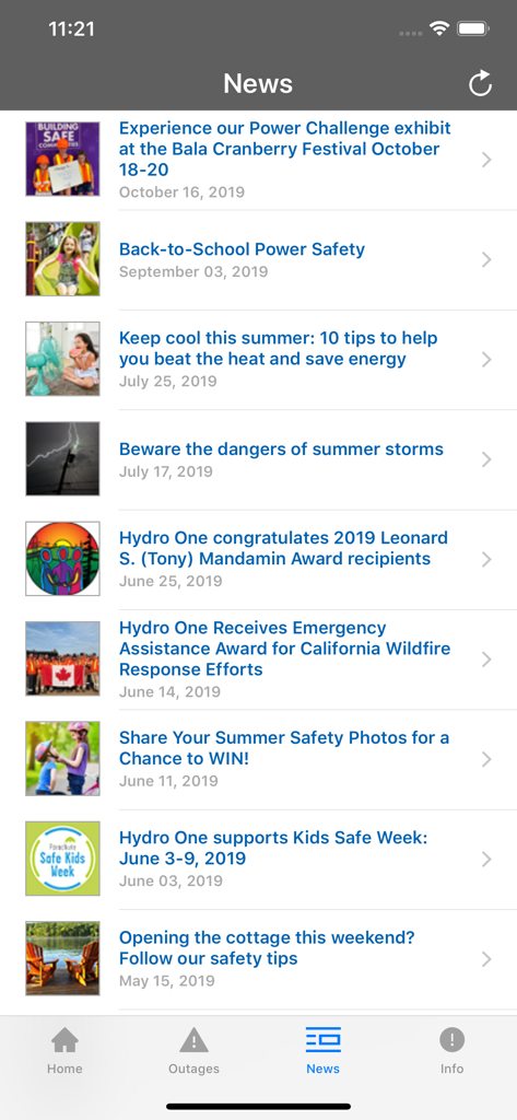 Hydro One Mobile - News section of the Hydro One Mobile app displaying a list of utility safety and community updates