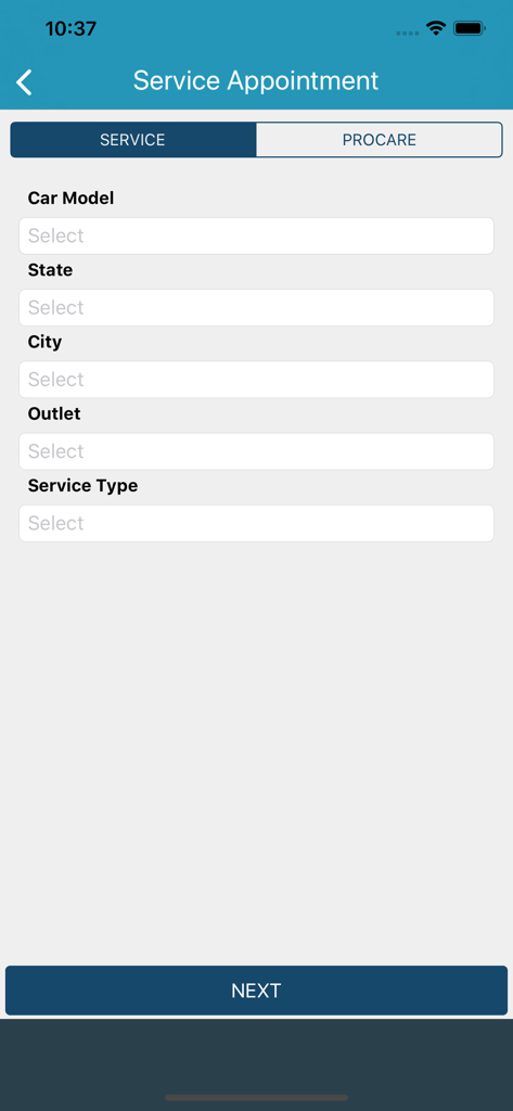 MyProton Official - A screenshot of the service appointment booking form in the MyProton Official app showing fields for car model state and city