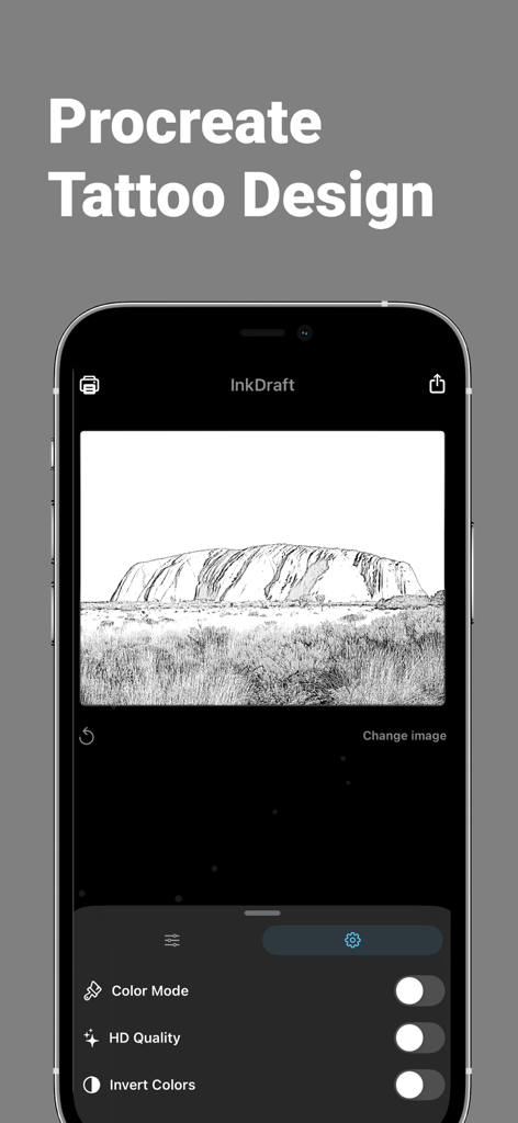 Interfaz de Tattoo Stencil Maker Pro que muestra una foto de montaña convertida en un contorno de plantilla en blanco y negro