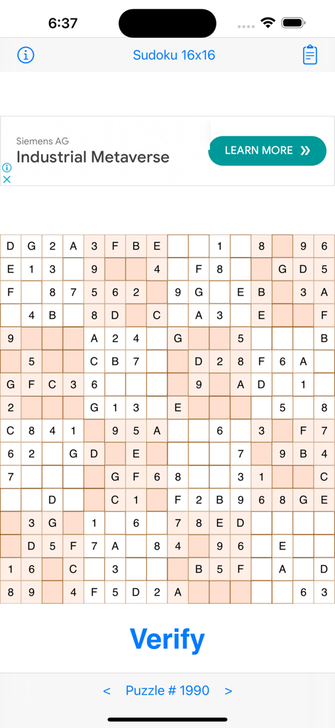 Sudoku 16x16 Game - A complex 16x16 Sudoku grid featuring numbers and letters for expert logic gameplay