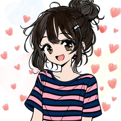 anime girl teenager striped shirt and smile and messy bun