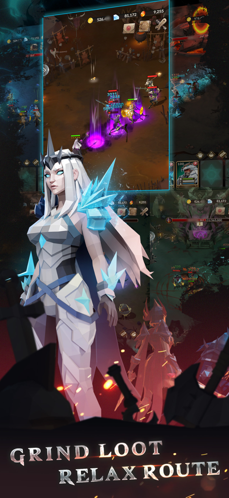 Eternal Ember - A female warrior in ice armor and a squad of heroes fighting monsters in the dark fantasy game Eternal Ember