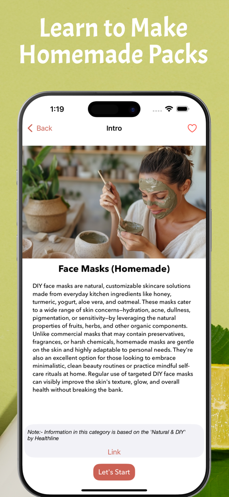 Skin Care: Beauty Tips Offline - Skincare app screen explaining how to make natural DIY face masks at home