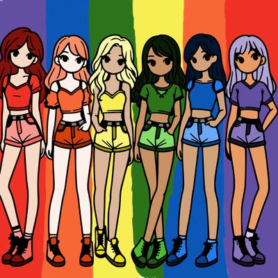 a group of girls wearing crop tops and shorts
