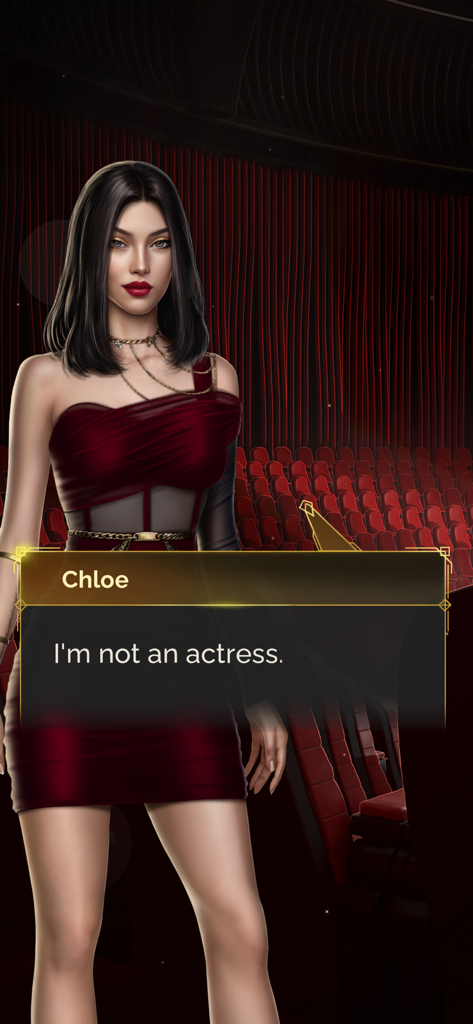 Seven Hearts Stories - Eine weibliche Figur namens Chloe, die ein rotes Kleid trägt und in einem Theater im Mobile Game Seven Hearts Stories steht.