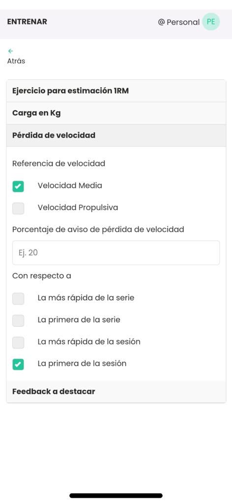ADR System - ADR System mobile app interface for configuring velocity-based training and 1RM estimation parameters