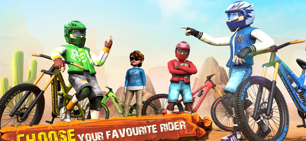 Dirt Bike Hill Racing Game - Una pantalla de selección de personajes con cuatro ciclistas de montaña con equipo de colores.