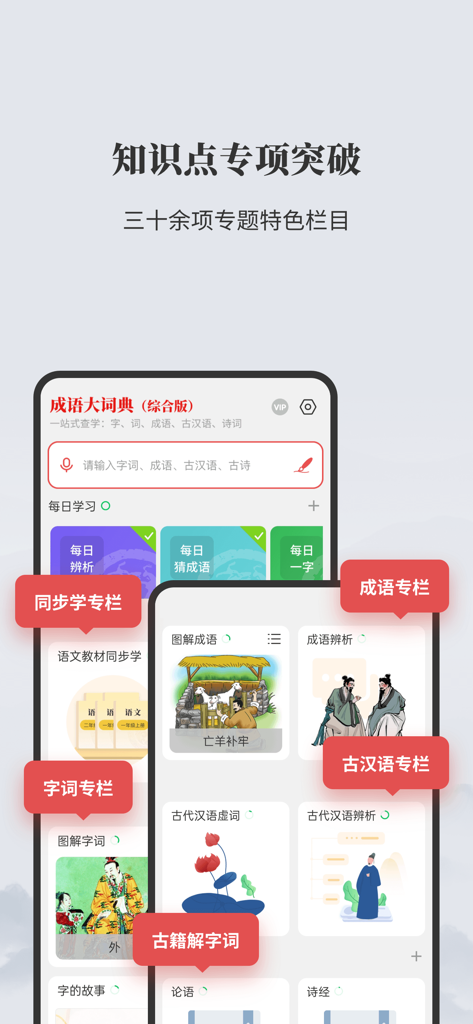 故事成語、古代中国語、イラスト言語レッスンに特化した学習コラムを表示する、成語大辞典アプリのインターフェース