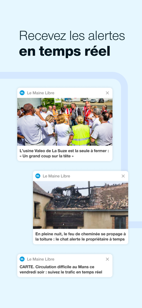 Capture d'écran de l'application Le Maine Libre affichant des alertes et notifications d'actualités en temps réel sur un écran mobile