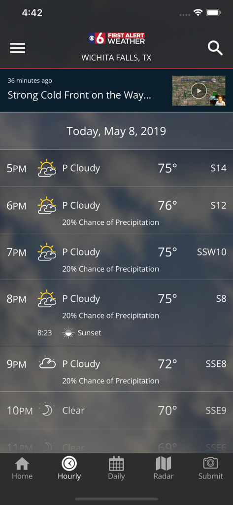 First Alert 6 Weather - First Alert 6 Weather app display of the hourly forecast for Wichita Falls Texas showing temperature and sky conditions