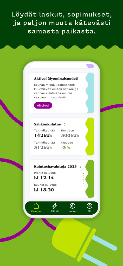 OmaLumme mobile app interface showing energy consumption comparisons and smart utility insights