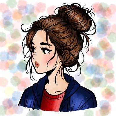 realistic teenage girl with a messy bun