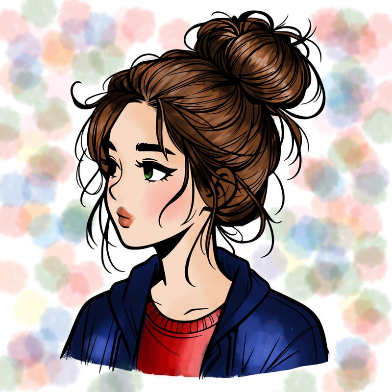 realistic teenage girl with a messy bun