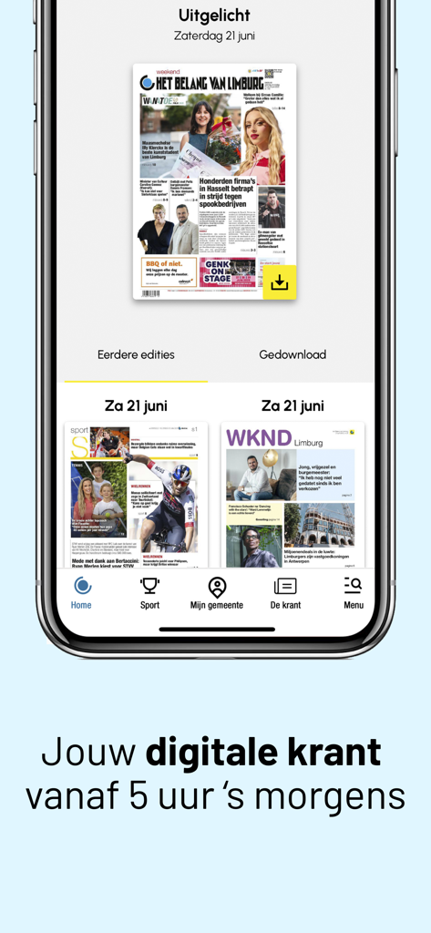 HBVL Nieuws - Interface de l'application HBVL Nieuws affichant l'édition numérique du journal sur un iPhone
