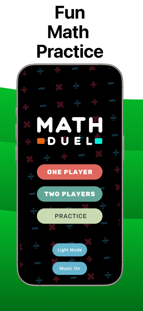 Math Duel: 2 Player Study Quiz - Math Duel app home screen showing one player and two players game modes