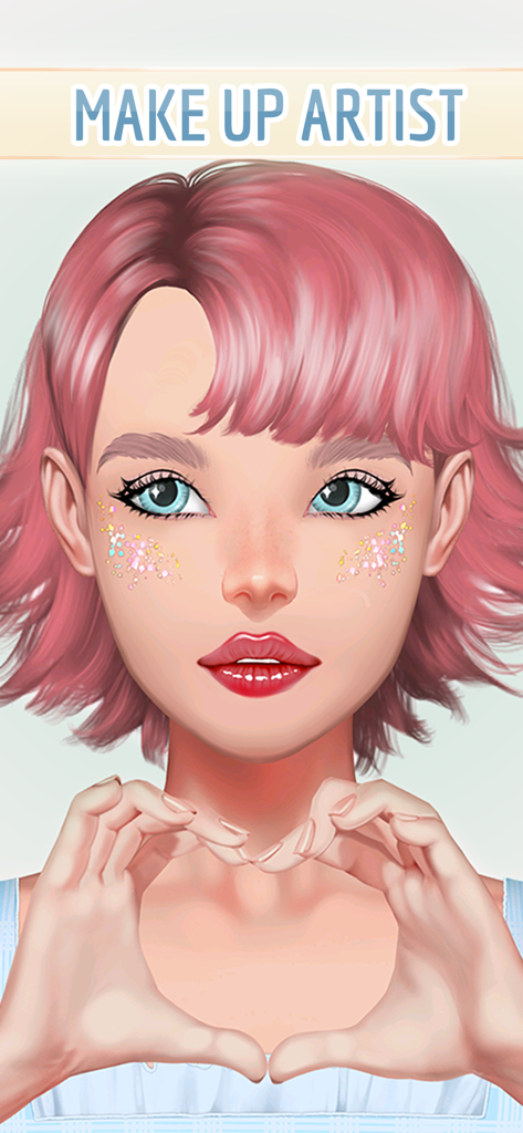 Avatar de chica de anime con cabello rosa y maquillaje brillante haciendo un gesto de corazón