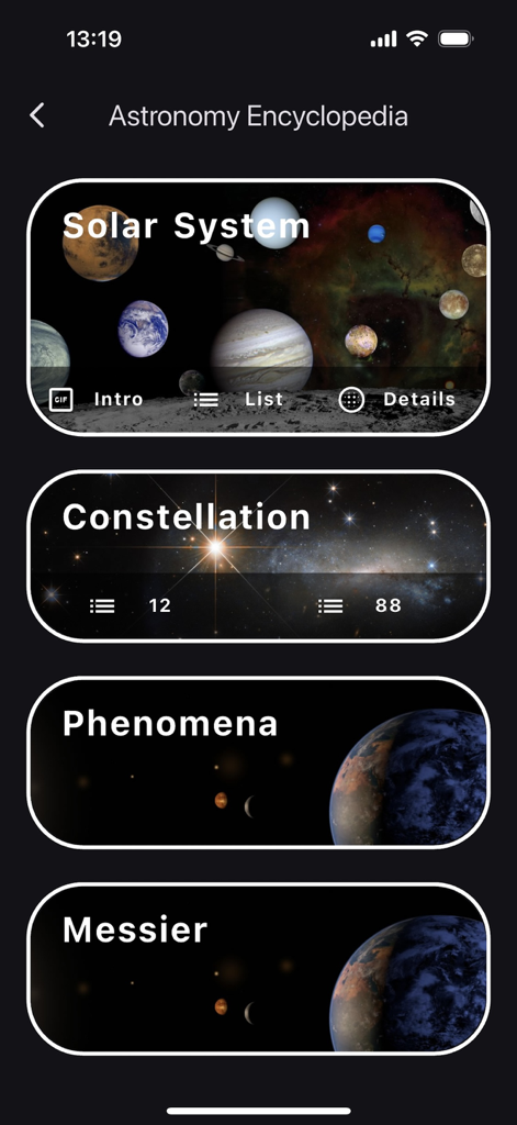 AR-Telescope - The Astronomy Encyclopedia interface of the AR-Telescope app with categories for planets and constellations.