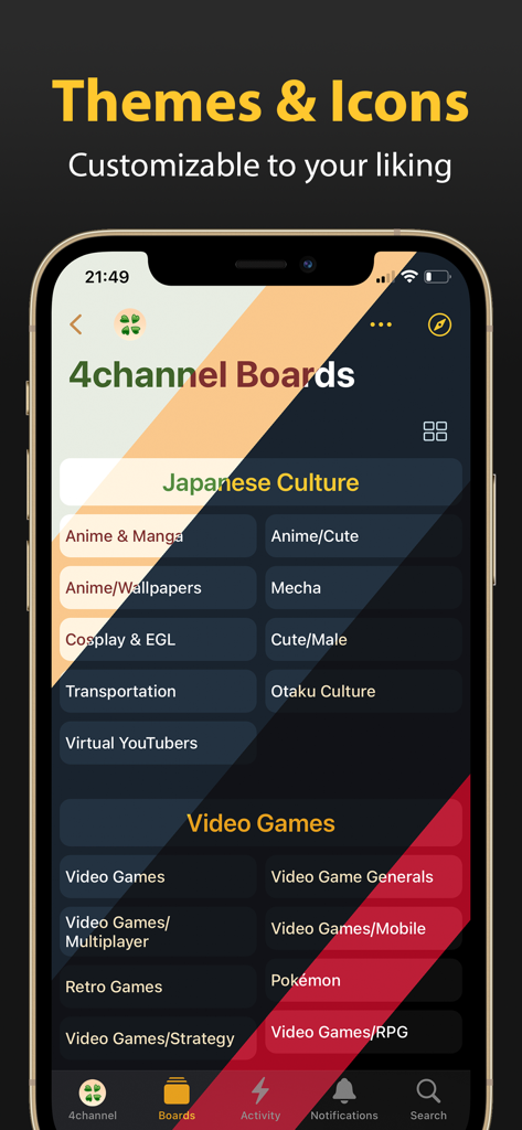 Sigma: Your Feeds United - Sigma app interface displaying customizable themes and categories for 4channel boards including Japanese culture and video games.