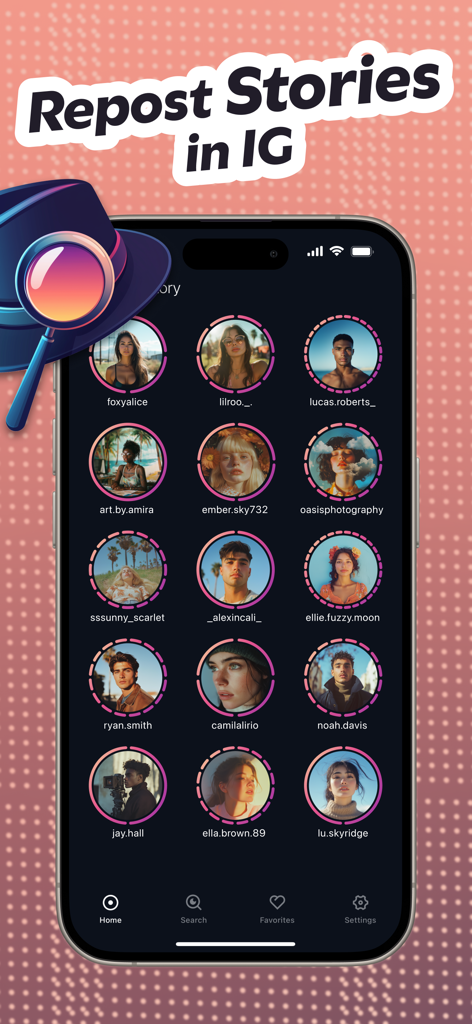 Blindstory｜Story Viewer for IG - Smartphone screen showing the Blindstory app interface with a grid of user profile icons and the text Repost Stories in IG