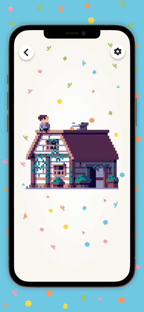 Eine fertige Pixel-Art-Illustration eines Hauses mit Celebration-Konfetti im Color Tap Malspiel