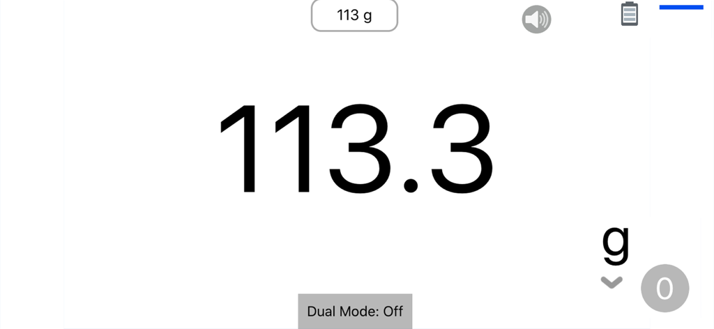 Just Scale kitchen scale - Just Scale app interface showing a precise weight of 113.3 grams on a large clear digital display