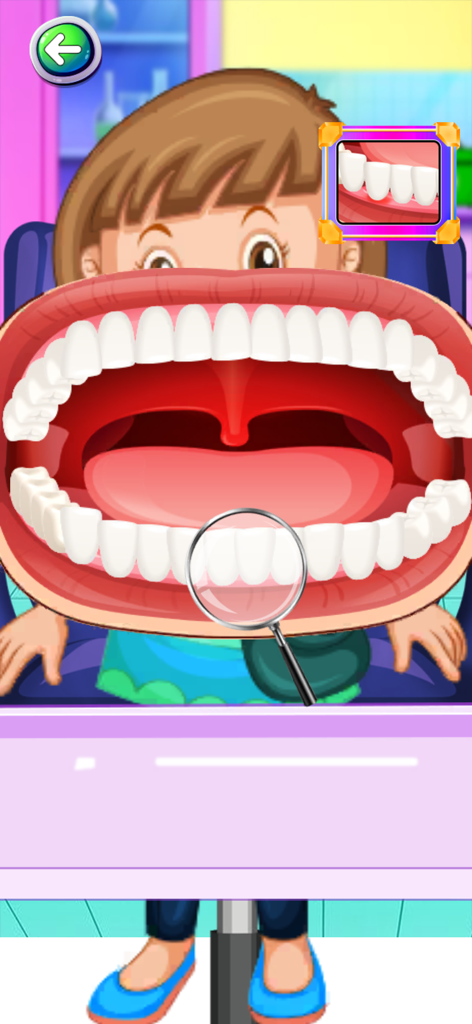 A magnifying glass inspecting a child patient's teeth in a dentist simulation game
