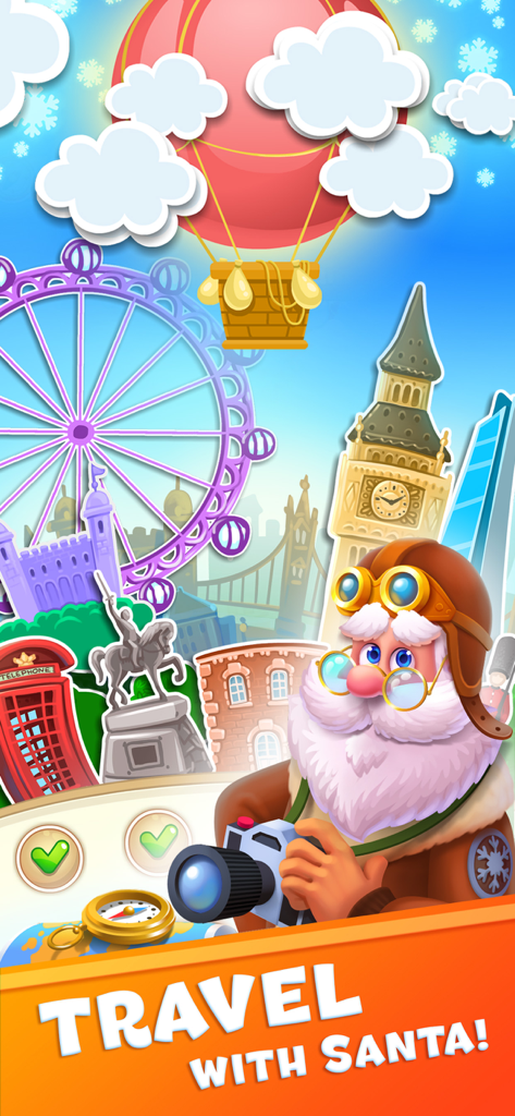 Santa Claus dressed as a photographer in front of London landmarks including Big Ben and the London Eye