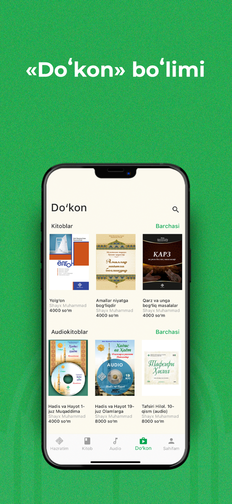 The store section of the Hilol eBook app on a smartphone featuring various religious books and audiobooks in Uzbek.