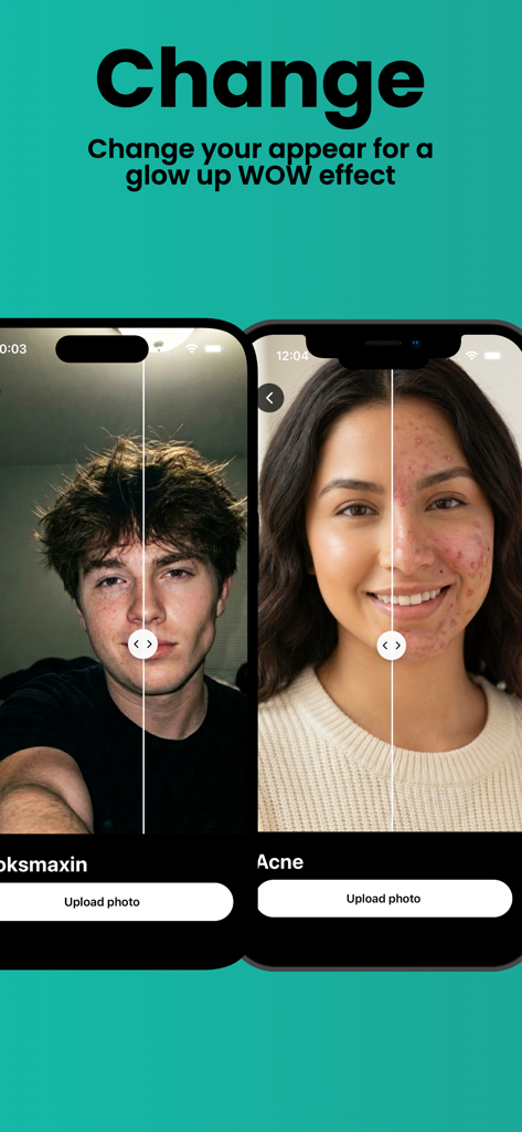 Photo Enchancer: Ai Glow Up - Side by side comparison of a man and woman using AI for looksmaxxing and skin clearing