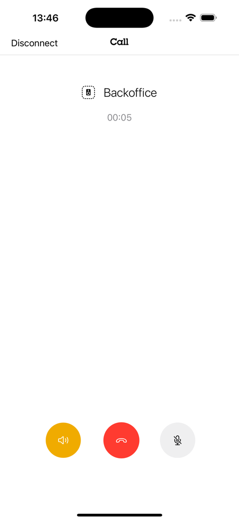 AXIS Audio Manager - Interface of the AXIS Audio Manager app showing an active two-way call to the backoffice area with speaker and mute controls.