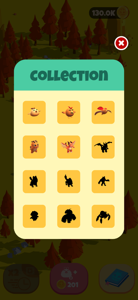 Cute Monsters Merge - Un menú de colección en el juego Cute Monsters Merge mostrando una cuadrícula de monstruos descubiertos y siluetas de evoluciones bloqueadas