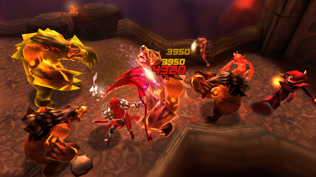 Blade Warrior: Console-style 3D Action RPG - A hero in red armor fighting multiple bear monsters in a 3D dungeon battle