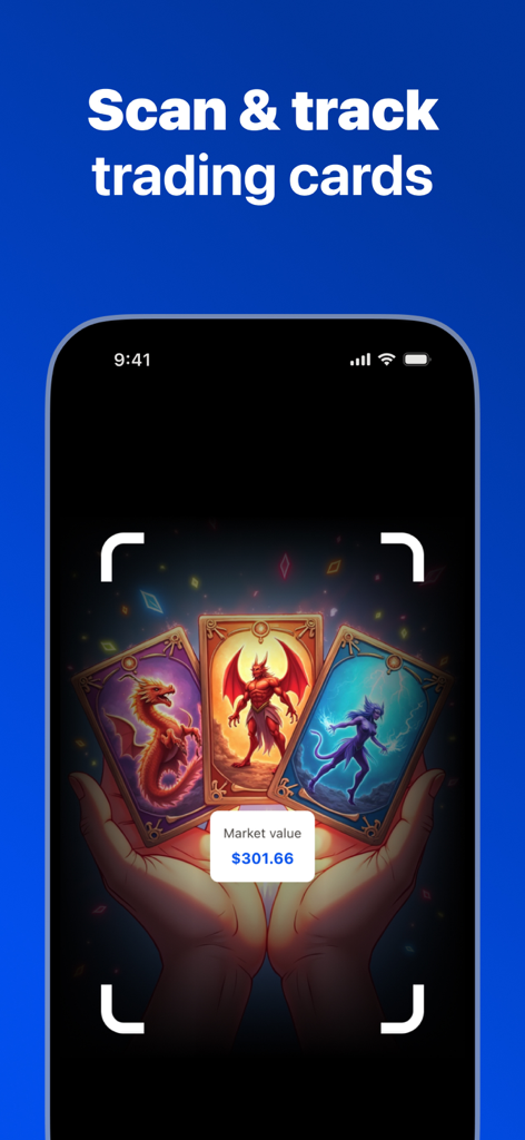 Trading card value scanner - iPhone screen showing a trading card scanner app identifying cards and displaying their market value price