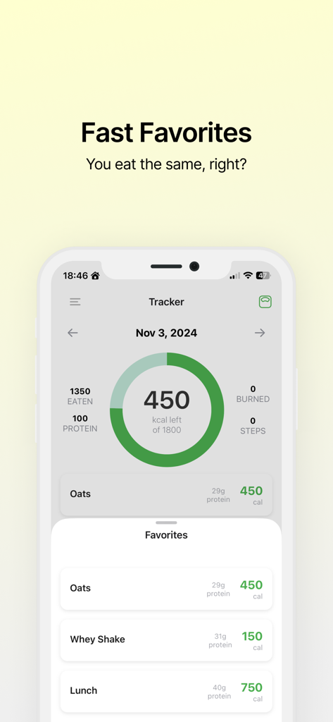 Quick Track - Calorie Counter - Pantalla de la aplicación Quick Track que muestra la lista de alimentos favoritos y un rastreador circular de progreso de calorías diario