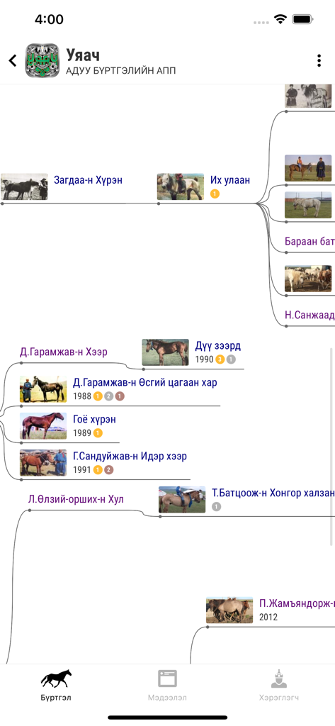 Un gráfico de pedigrí y linaje de caballos en la interfaz de la aplicación móvil Uyach.