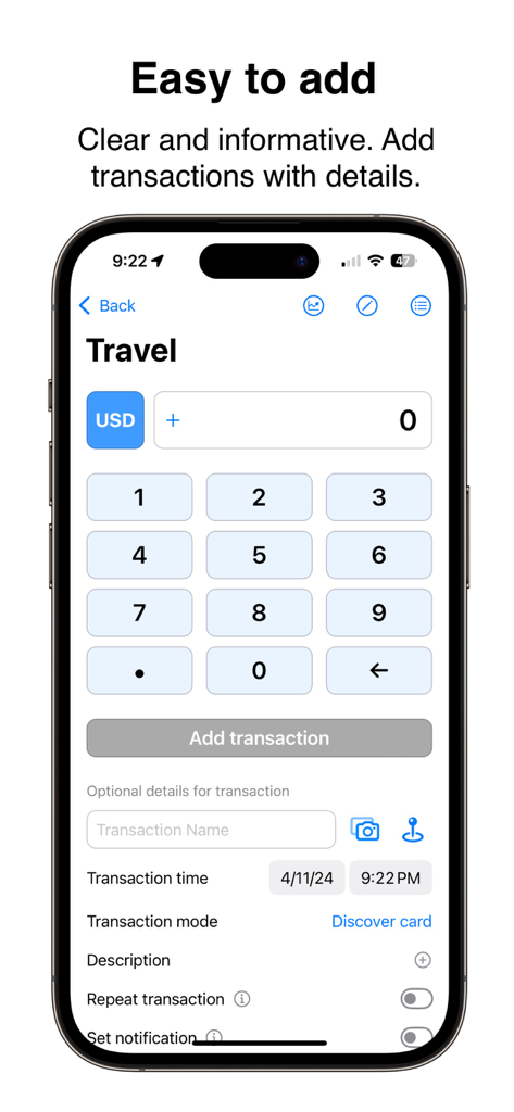 Money-Wise - Interfaccia dell'app mobile Money-Wise che mostra il semplice processo per aggiungere manualmente una transazione di viaggio in USD