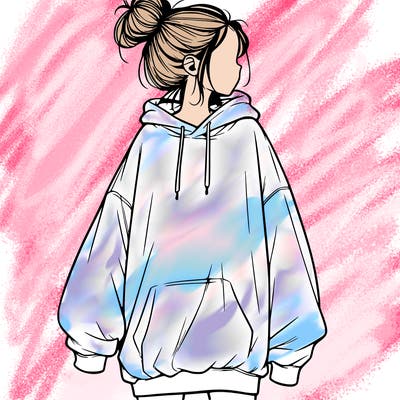 realistic girl with a oversized sweatshirt on and a bun