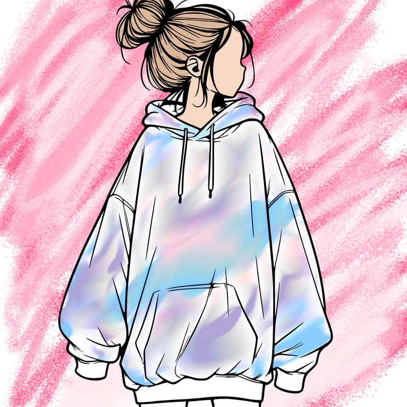 realistic girl with a oversized sweatshirt on and a bun