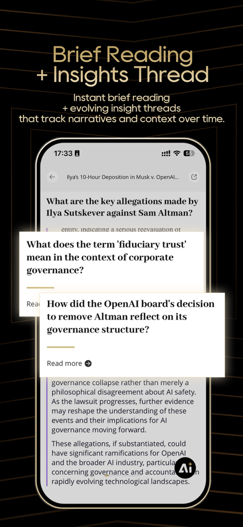 NextFin：AI-DrivenNews&Analysis - A mobile app interface displaying AI-powered insights and brief reading summaries for financial news.
