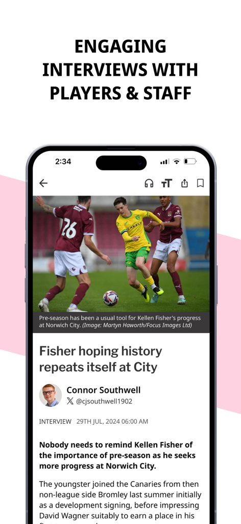 The Pink Un - A smartphone screen displaying an article interview with a Norwich City FC player on The Pink Un app
