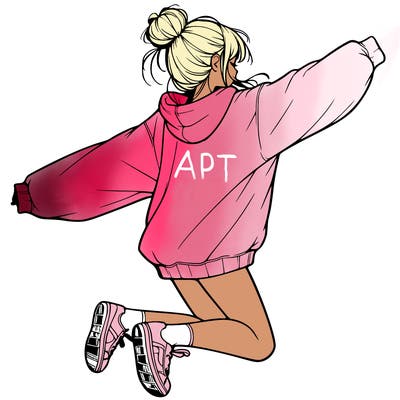 realistic girl jumping with a bun and oversized sweatshirt