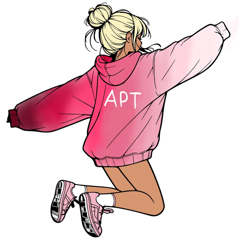realistic girl jumping with a bun and oversized sweatshirt