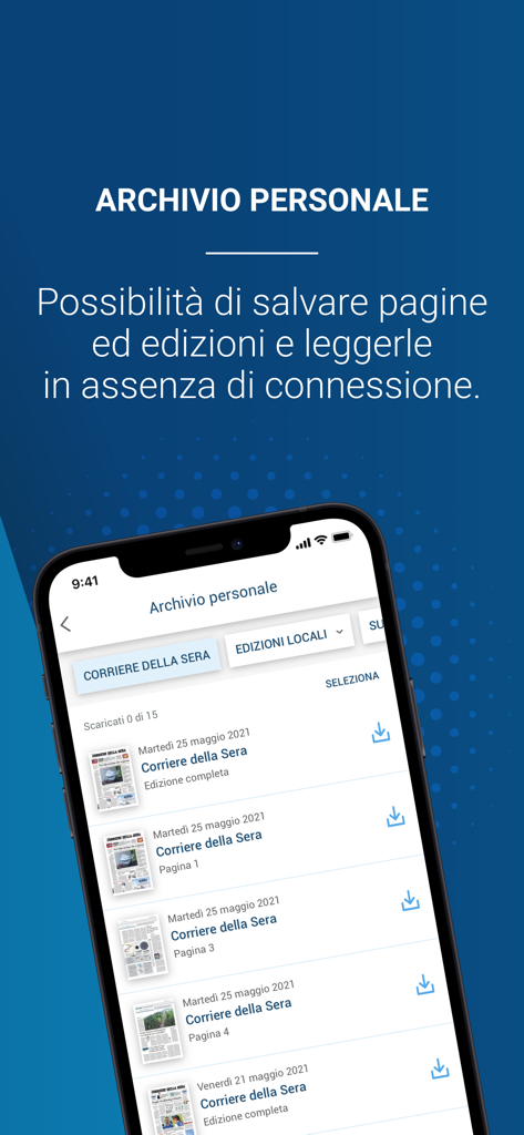 Tela de smartphone exibindo a seção de arquivo pessoal do aplicativo Corriere della Sera para leitura offline.