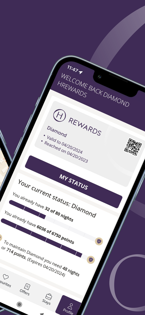 H Rewards mobile app screen showing Diamond membership status and loyalty points progress.