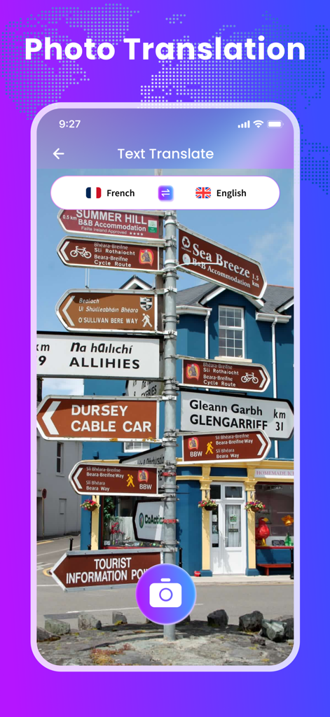 Lya Translate app interface showing the photo translation feature for translating directional signs.
