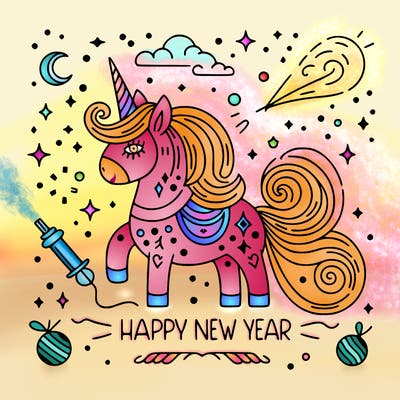 happy new year illustration calligraphic style outline; thin lines; light colors
