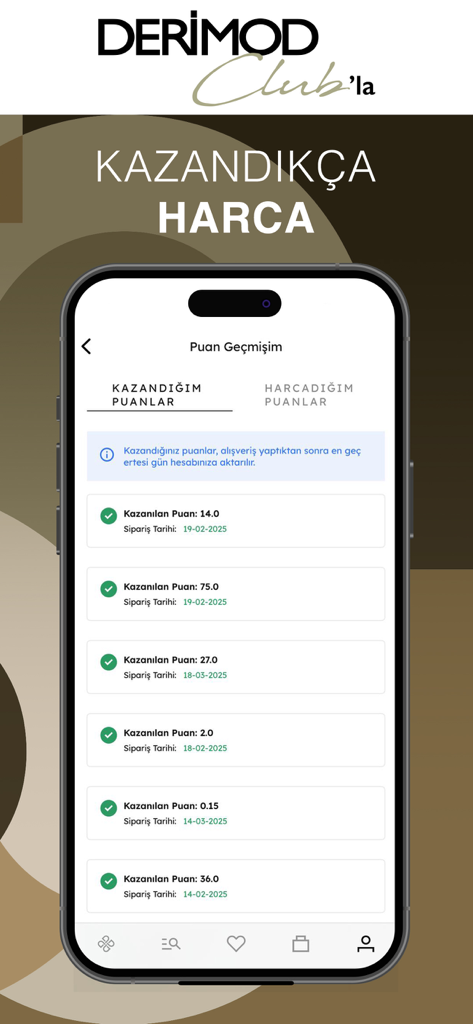 Écran du programme de fidélité du Club Derimod montrant un historique des points d'achat accumulés.